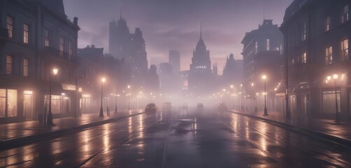 Obraz premium Dreamy cityscape at dawn with blurred buildings and foggy streets, fog, blurred