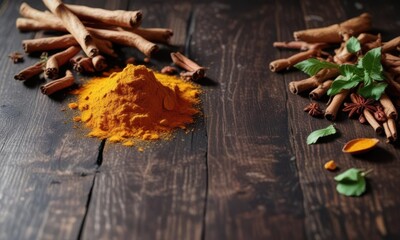Dried turmeric, coriander and cinnamon spices scattered on a dark wooden table ,  wood,  spice