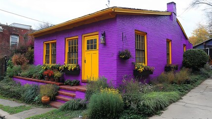 A house with a purple and yellow exterior