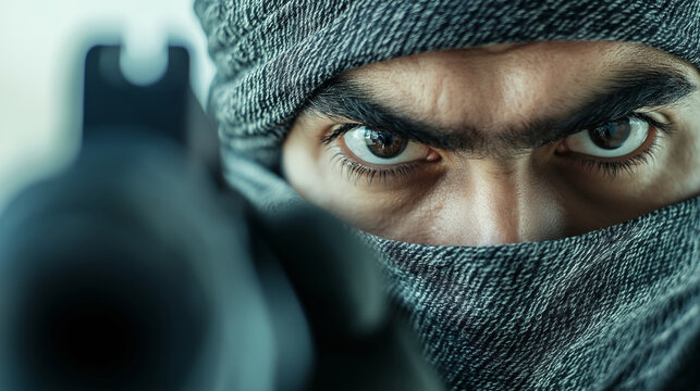 Fisheye close-up capturing a masked terrorist aiming a machine gun, intensifying the scene with a palpable sense of danger and imminent threat, evoking feelings of fear and aggression