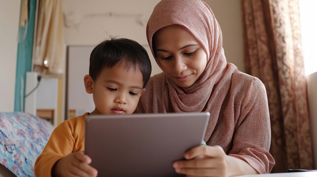 Muslim mother wearing hijab helping her son using a tablet for educational purposes, promoting early childhood development and digital literacy in a cozy home environment