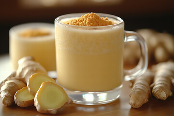 Creamy Yellow Ginger Smoothie in Glass Mug with Fresh Ginger Roo