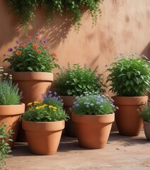 Fototapeta premium Earthy terracotta pots with lush greenery and wildflowers , natural , flowers