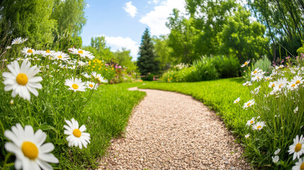 Obraz premium Fisheye view of a winding gravel path bordered by vibrant green grass and blooming daisies, leading through a colorful garden on a sunny day, creating a serene and inviting atmosphere