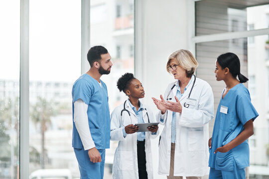 Healthcare, meeting and doctor with tablet for online patient report, results review and diagnosis. Training, medical people and team communication in hospital, clinic or health facility schedule - Powered by Adobe
