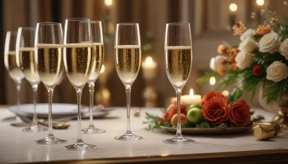 Elegant champagne glass on a beautifully decorated table,  celebration,  fancy