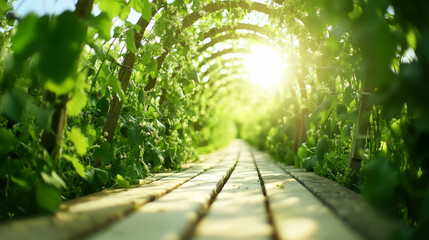 Sunlight illuminates a wooden path stretching through a lush green archway formed by climbing vines and tiny white flowers, creating a serene and inviting natural walkway
