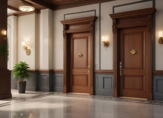 Elegant hotel lobby with service bell and wooden doors,  hotel interior,  luxurious ambiance