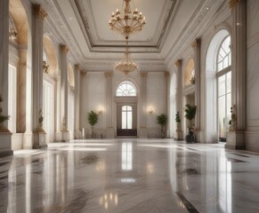 Naklejka premium Elegant lobby with high ceilings and polished marble floor, marble, chandelier