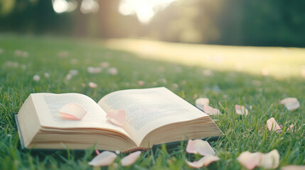 Open book is lying on grass in a park with pink flower petals scattered on its pages and around it, creating a peaceful and romantic scene in natural sunlight