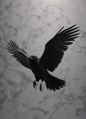 Fototapeta premium Elegant silhouette of a crow in mid-air, wings spread wide , black and white illustration, flying bird