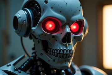 Futuristic robot with glowing red eyes and metallic skull in dimly lit room