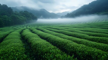 A field of green grass with a foggy mist in the background