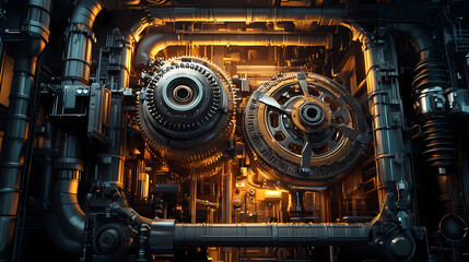 Fototapeta premium Futuristic steampunk mechanism with intricate gears and pipes , technology, abstract, high-tech, machine, futuristic. Retro Futurism. Illustration