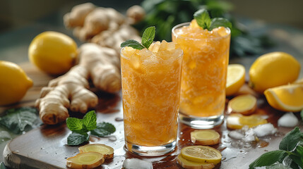 Two Glasses of Refreshing Iced Ginger Lemon Drink with Mint