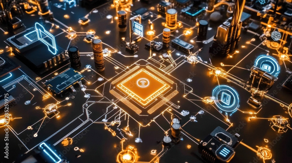 Poster Illuminated Circuit Board Shows Central Processing Unit Connections