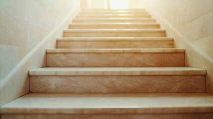 Interior showcasing a classic building featuring a marble staircase ascending gracefully, illuminated by soft afternoon light in a high key, minimalist style, creating an elegant atmosphere