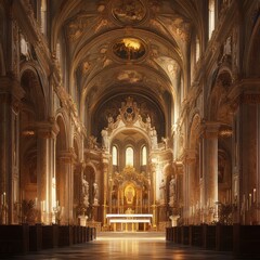 Fototapeta premium Ornate church interior, golden light