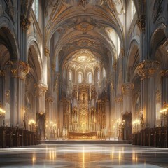 Fototapeta premium Golden-lit cathedral interior