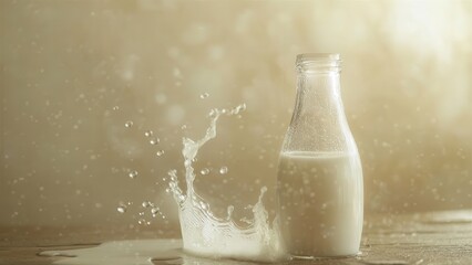 Fresh Milk in Glass Bottle with Splashes on Wood Surface