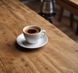 Obraz premium Espresso shot in a demitasse cup on a wooden counter, beverage, espresso