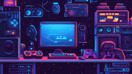 Retro gaming setup with neon pixel art design. Retro Futurism. Illustration