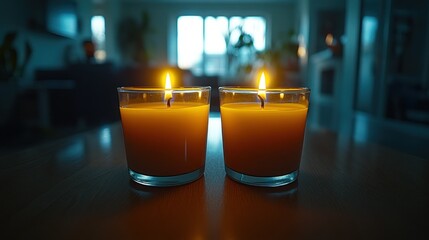 Two candles glowing softly on a table in a dimly lit home interior