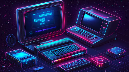 Retro gaming setup with neon pixel art design. Retro Futurism. Illustration