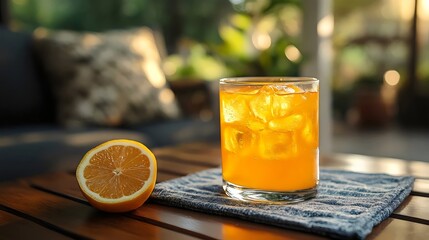 A glass of orange juice with ice cubes in it sits on a coaster next to an orange