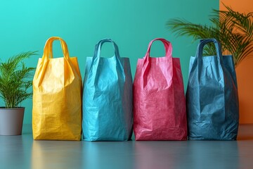 Brightly colored paper bags sit in a row near lush green plants indoors. Generative AI