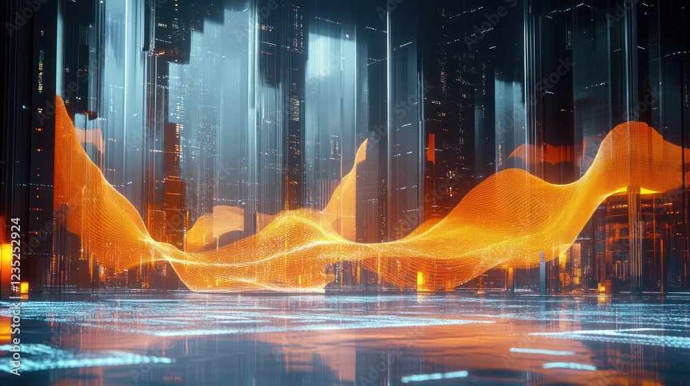 Poster abstract cityscape with orange data wave visualization