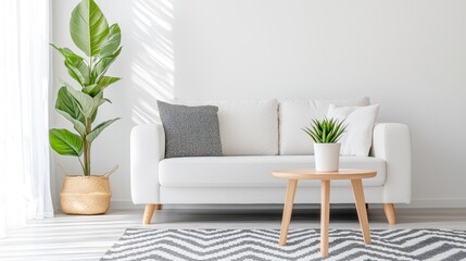 Modern white living room interior design; sunlight, sofa, plants