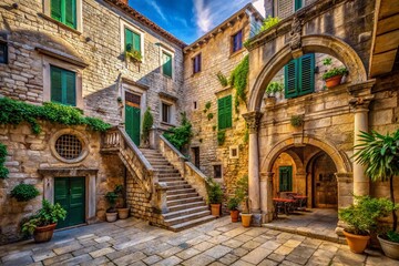 Ancient Split Courtyard: Archway, Staircase, Historic Croatian Architecture