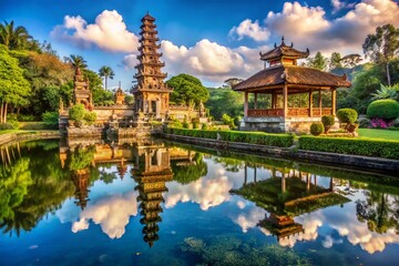 Naklejka premium Ancient Stone Architecture in Idyllic Pond, Taman Tirtagangga Temple Bali