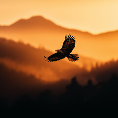 Obraz premium Majestätischer Adler im Flug vor einem golden-horizontlichen Hintergrund