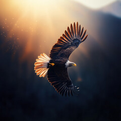 Majest&auml;tischer Adler im Flug vor einem golden-horizontlichen Hintergrund

