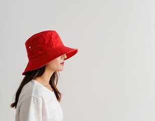 Young Asian woman in a stylish red bucket hat, showcasing a modern, minimalist look against a neutral background.
