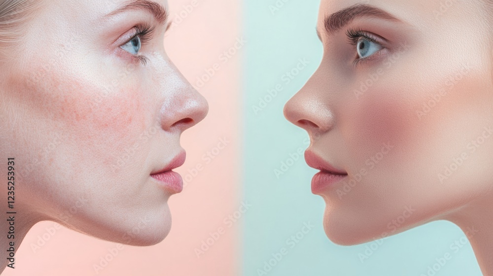 Poster contrasting faces illustrate the effects of aging with one youthful and smooth skin beside one showi
