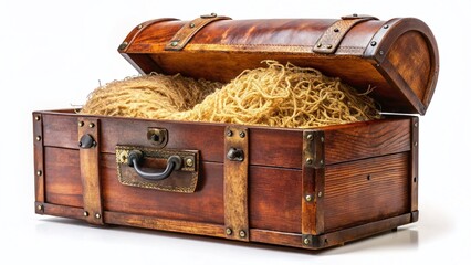 Antique Wooden Chest Filled with Wood Wool, Isolated on White Background - Perfect for Vintage, Rustic Designs