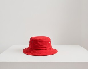 Stylish red bucket hat on a minimalistic display against a white background.