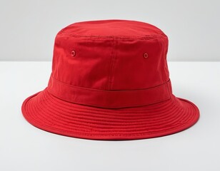 Stylish red bucket hat on a neutral background, perfect for casual outings in sun or rain.