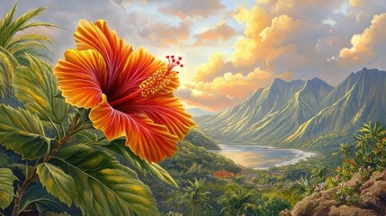 Hibiscus Flower Overlooking Tropical Valley Landscape