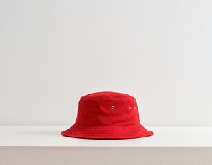 A vibrant red bucket hat placed on a minimalist white surface.