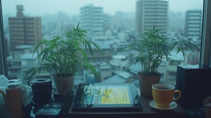 Fototapeta premium Urban indoor scene with plants, tablet, and tea overlooking city