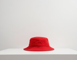 Stylish red bucket hat on a white display, showcasing modern minimalism.