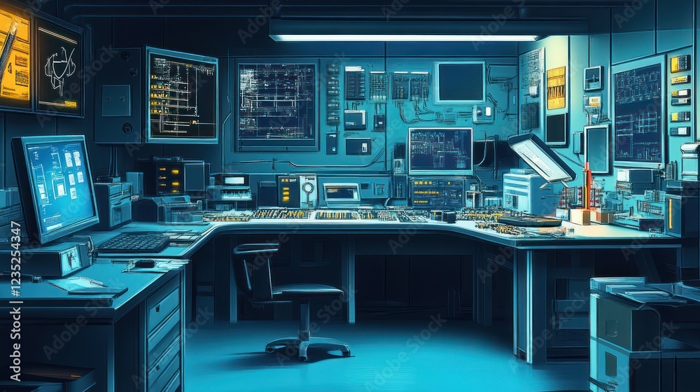 Poster futuristic tech control room workstation setup