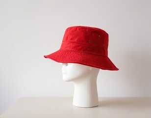 Red bucket hat displayed on a minimalist mannequin head against a simple background.