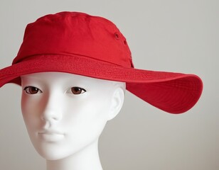 Stylish red sun hat displayed on a white mannequin bust against a minimalist background.