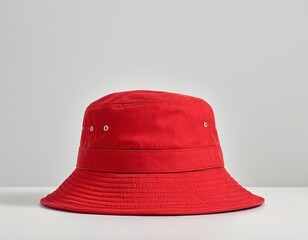 Stylish red bucket hat on a minimalistic background, perfect for outdoor adventures.