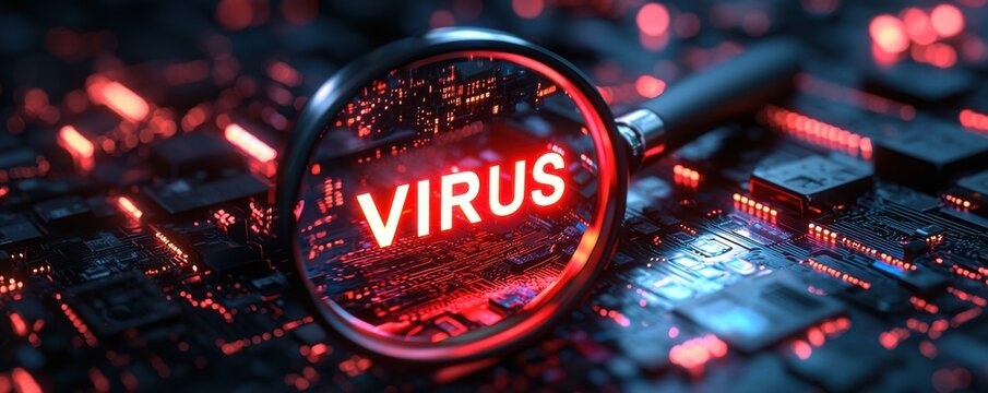 Magnifying Glass Illuminating the Word Virus in Red Over Digital Code
